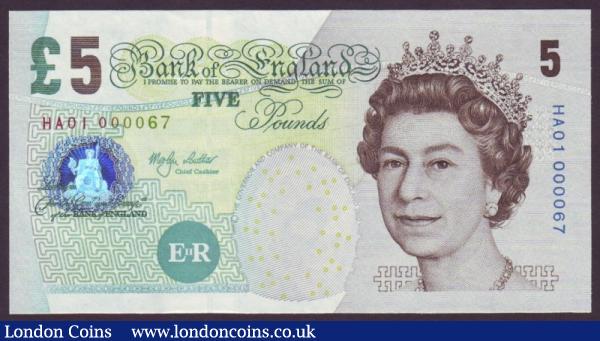 Five Pounds Lowther. B395. HA01 000067. With an official Bank of England envelope, on it headed ?Charity auction of Friday 24th January 2003?. UNC. : English Banknotes : Auction 142 : Lot 146