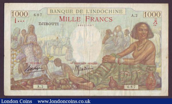 French Somaliland, Djibouti 1000 francs issued 1938 series A.2 687, Pick10, a few small pinholes, almost VF : World Banknotes : Auction 142 : Lot 247