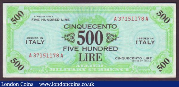 Italy 500 lire Allied Military Currency series 1943A, with small letter F, Forbes printing, PickM22a, EF : World Banknotes : Auction 142 : Lot 301