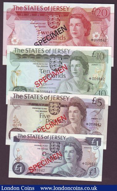 Jersey Specimen collector set PickCS1, issued 1978, £1, £5, £10 and £20 Maltese cross prefix and matching numbers 009842, about UNC to UNC : World Banknotes : Auction 142 : Lot 304