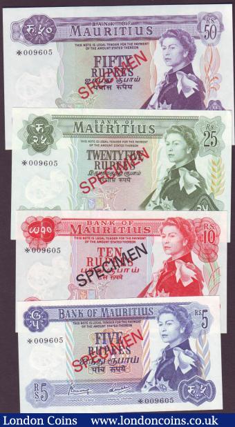 Mauritius 5, 10, 25 and 50 rupee 1978 series collector Specimen set, Maltese cross prefix with matching serial numbers 009605, PickCS1, UNC : World Banknotes : Auction 142 : Lot 309