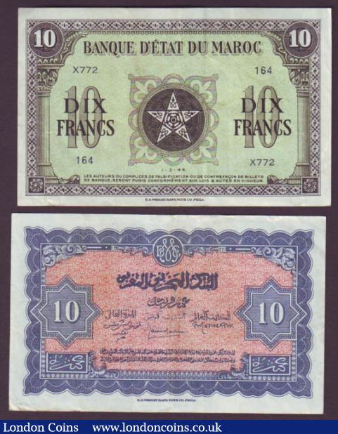Morocco 10 francs (2) dated 1944 series M793 175 & series X772 164, Pick25a, GVF to EF : World Banknotes : Auction 142 : Lot 310