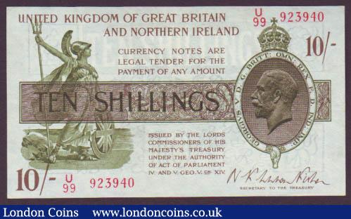 Ten shillings Warren Fisher T33 issued 1927 series U/99 923940, Northern Ireland in title, pressed & trimmed, VF but looks better : English Banknotes : Auction 142 : Lot 35
