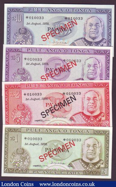 Tonga 1978 Specimen collector set, 1, 2, 5 & 10 pa'anga, all with Maltese cross prefix and matching serial numbers 010033, PickCS1, about UNC : World Banknotes : Auction 142 : Lot 380
