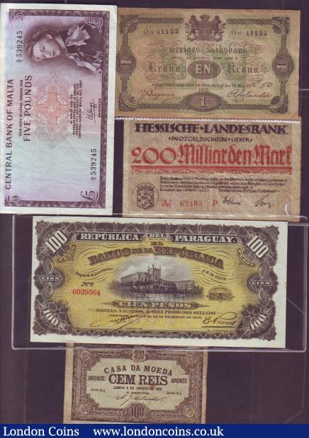World including Warren Fisher 10/-, Scotland Union Bank One Pound 1919, Paraguay 100 Peseo 1907 and other earlier and better types (9) : World Banknotes : Auction 142 : Lot 406