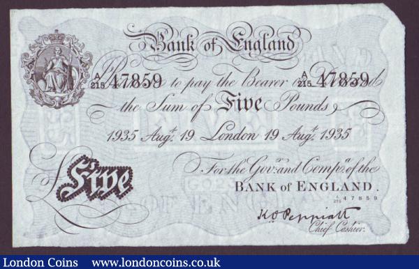 Five pounds Peppiatt white B241 dated 19th August 1935 series A/215 47859, pressed VF : English Banknotes : Auction 142 : Lot 76