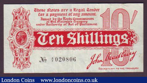 Ten shillings Bradbury T9 issued 1914 series A/7 020806, about VF : English Banknotes : Auction 142 : Lot 9