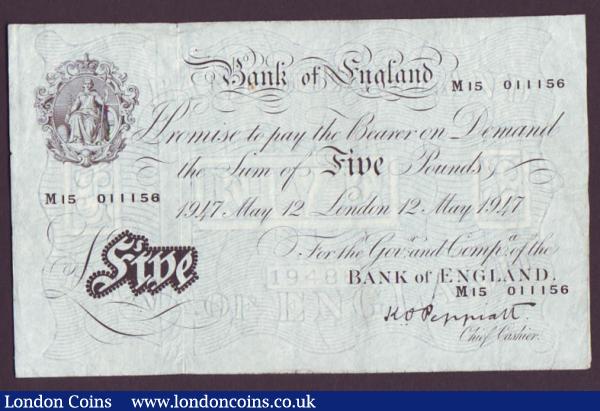 Five pounds Peppiatt white B264 dated 12th May 1947 series M15 011156, pressed & trimmed, Fine : English Banknotes : Auction 142 : Lot 95