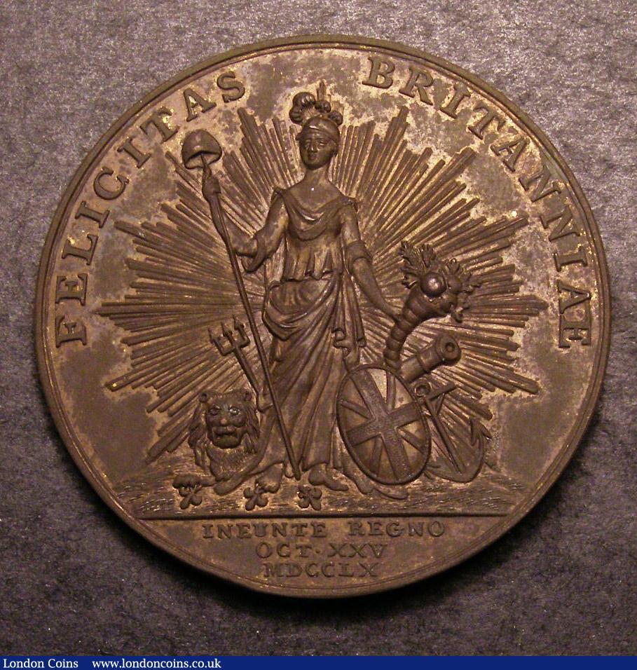London Coins : A142 : Lot 1161 : Accession of George III 1760 41mm diameter in bronze by T.Pingo Eimer 683 Obverse Bust left, arm...
