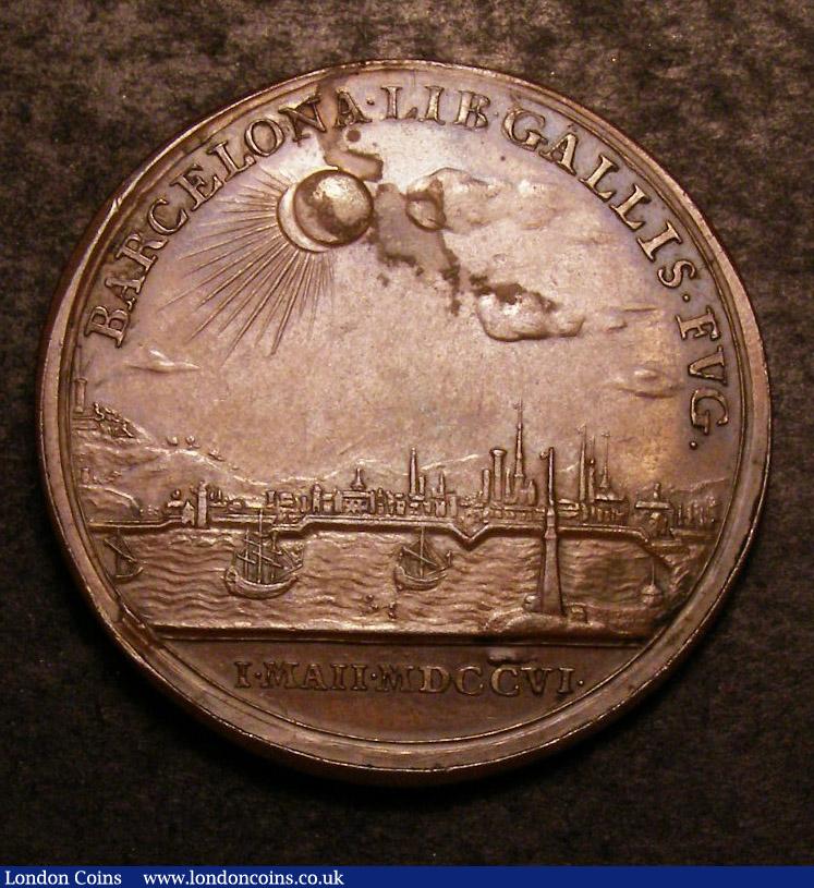 London Coins : A142 : Lot 1168 : Barcelona Relieved 1706 by Croker, bronze, 35mm., obv. bust left, rev. city & ha...
