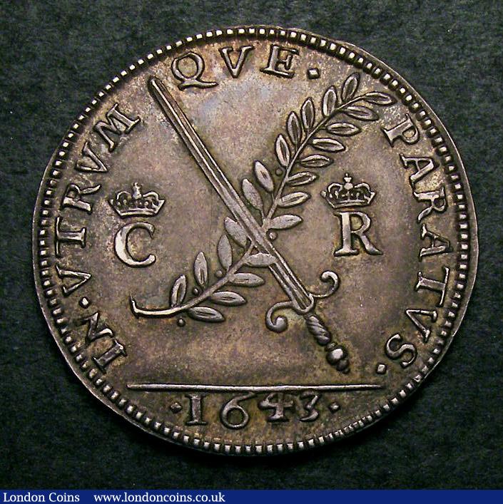 London Coins : A142 : Lot 1176 : Charles I Peace or War 1643 29mm diameter in silver by T.Rawlins. Eimer 142 Obv. Bust right laureate...