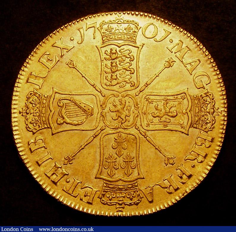 London Coins : A142 : Lot 2132 : Five Guineas 1701 Fine Work S.3456 about EF scarce thus