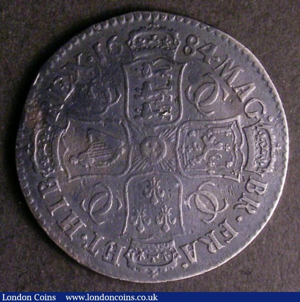 Halfcrown 1684 4 over 3 ESC 492 VG or slightly better with all major details and overdate clear, rated R4 by ESC, the first we have handled of this date : English Coins : Auction 142 : Lot 2300