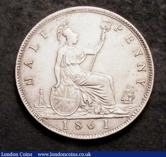 London Coins : A142 : Lot 2517 : Halfpenny 1861 Proof Freeman 285 dies 7+G, weight 6.81 grammes EF with some tone spots in the fi...