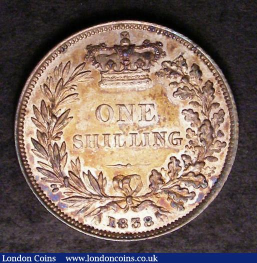 Shilling 1838 ESC 1278 AU/UNC with colourful toning and some light contact marks, fields prooflike with much eye appeal : English Coins : Auction 142 : Lot 2795