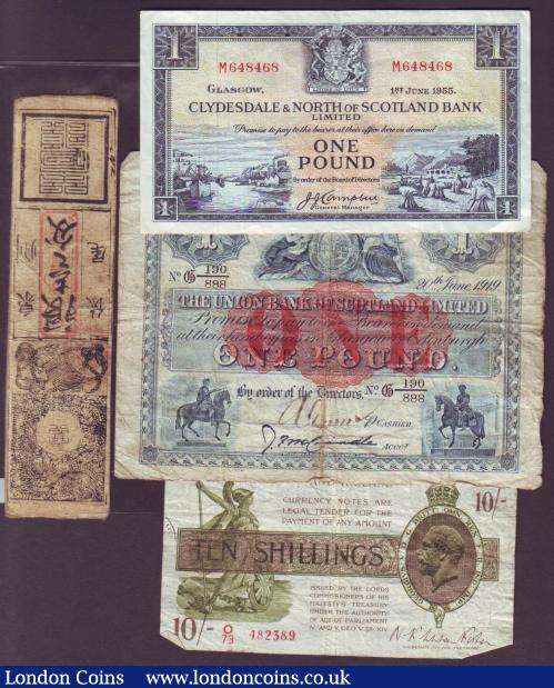 World including Warren Fisher 10/-, Scotland Union Bank One Pound 1919, Paraguay 100 Peseo 1907 and other earlier and better types (9) : World Banknotes : Auction 142 : Lot 406