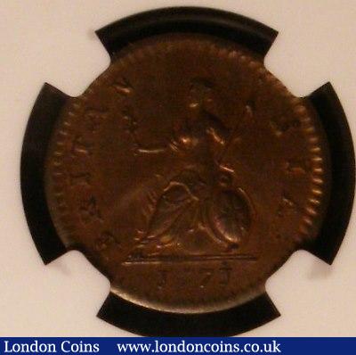 London Coins : A142 : Lot 573 : Farthing 1771 Reverse B Olive branch points to left limb of first N in BRITANNIA NGC MS63 BN, so...