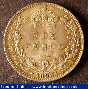 London Coins : A142 : Lot 817 : Sixpence 1890 Davies 1167 Leaf to right of date has a bolder underlying leaf, with berries and l...