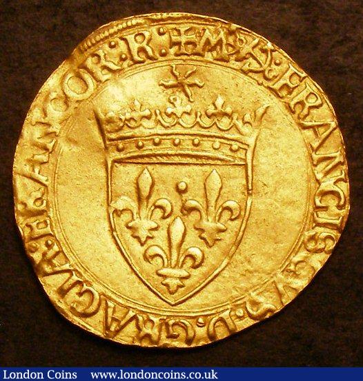 France Ecu d'Or aux soleil Francis I (1515-1547) Fifth Type mintmark Anchor on left side (Bayonne) Reverse with two F's and two Fleur-de Lis in angles with quadrilobe at centre weight 3.3 grammes VF : World Coins : Auction 142 : Lot 900