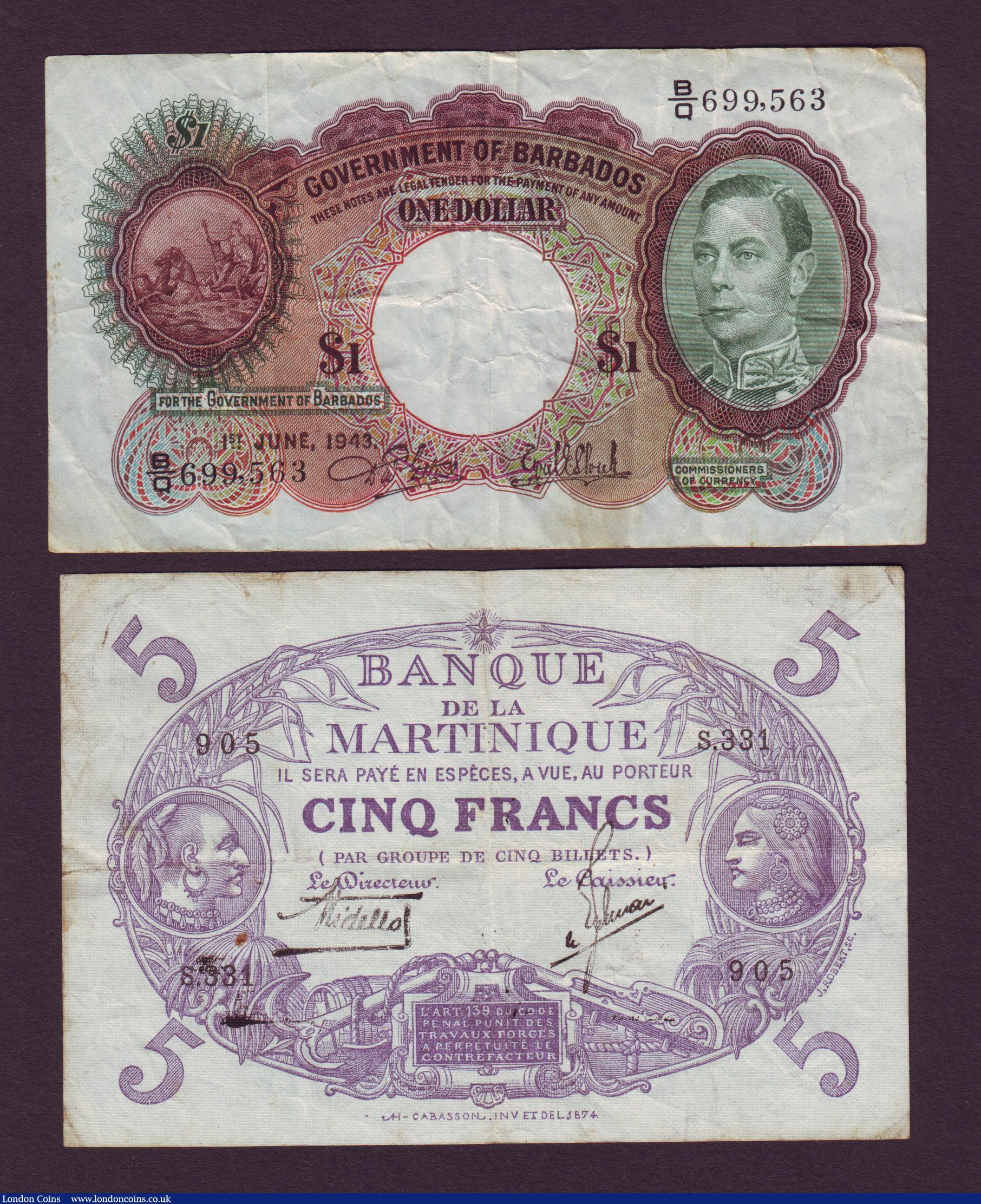 London Coins : A143 : Lot 130 : Barbados $1 KGVI issued 1943 Pick2b, Martinique 5 francs L.1901 (1934-45) Pick6, Iceland 5 kronur 19...