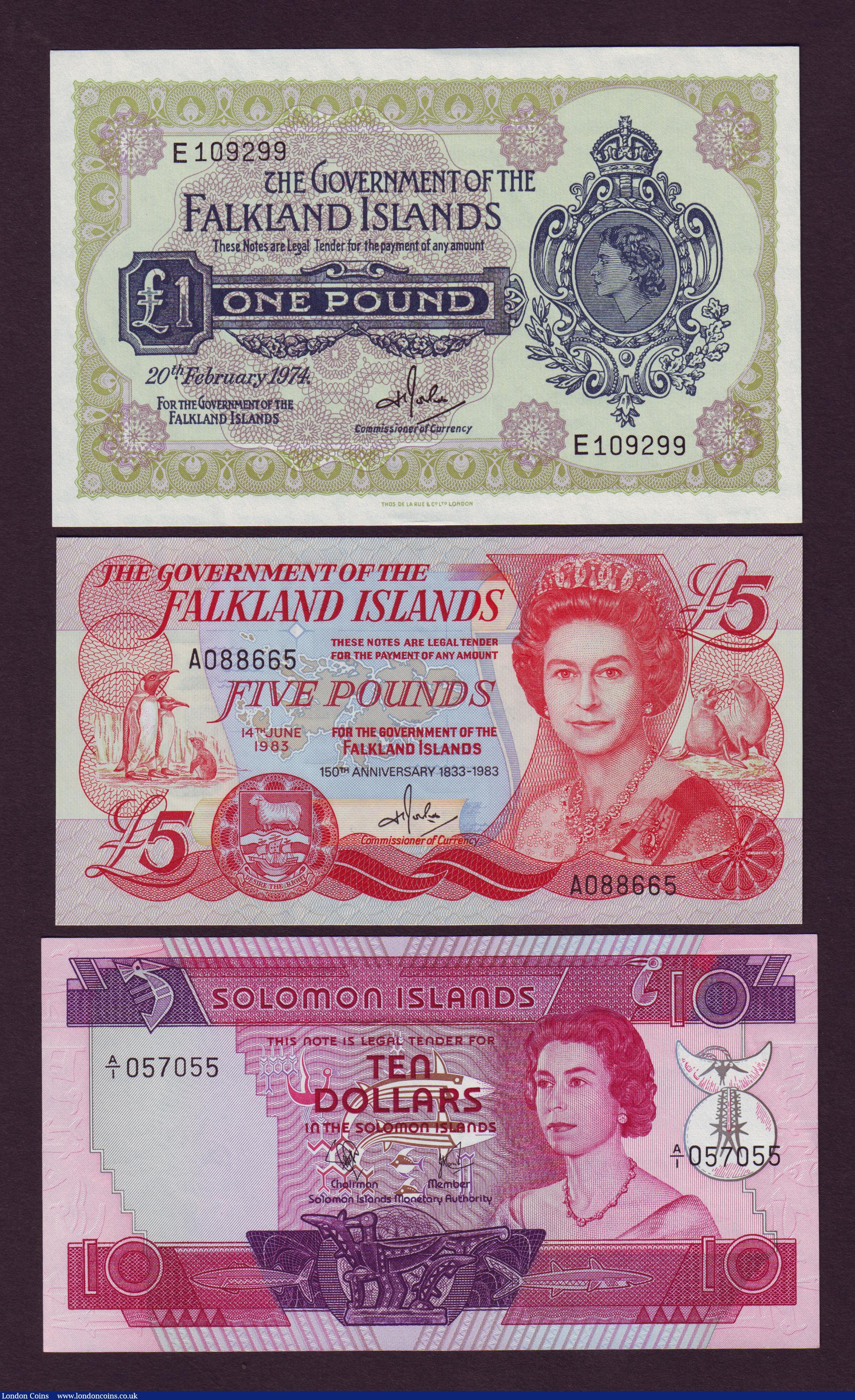 London Coins : A143 : Lot 152 : Falkland Islands £1 1974 Pick8b aU/UNC & £5 1983 Pick12 UNC, Solomon Islands $10 Pic...