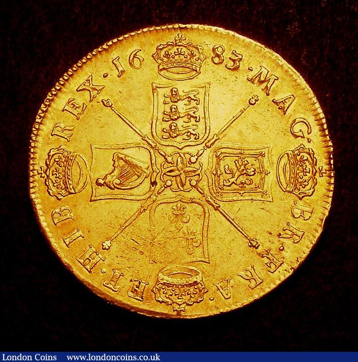 London Coins : A143 : Lot 1746 : Five Guineas 1683 TRICESIMO QVINTO Charles II Second Laureate Bust S3331 crisp EF with a lovely gold...