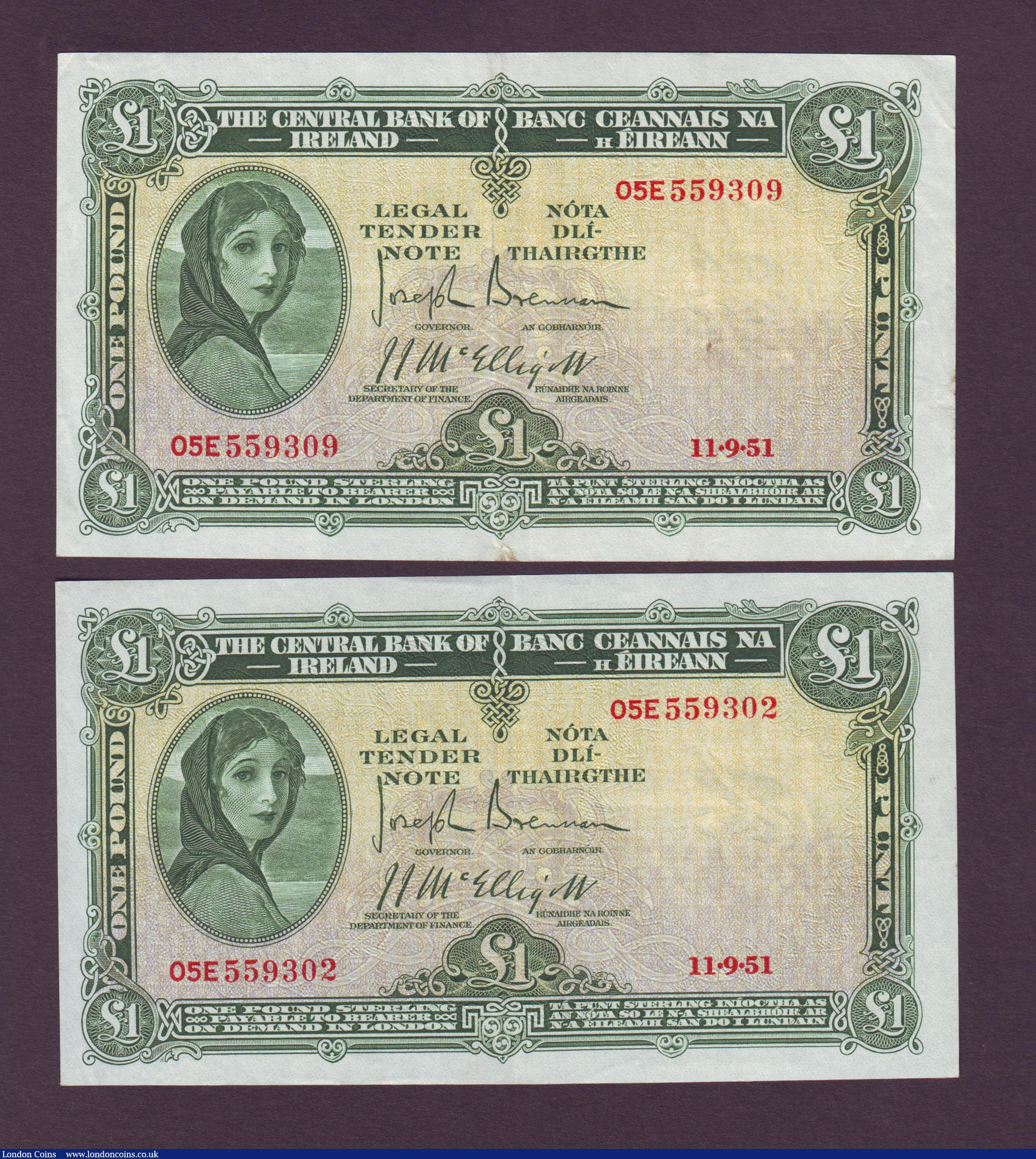 London Coins : A143 : Lot 187 : Ireland Central Bank of Ireland Lady Lavery £1 (4) dated 11-9-51, all series 05E includes a co...
