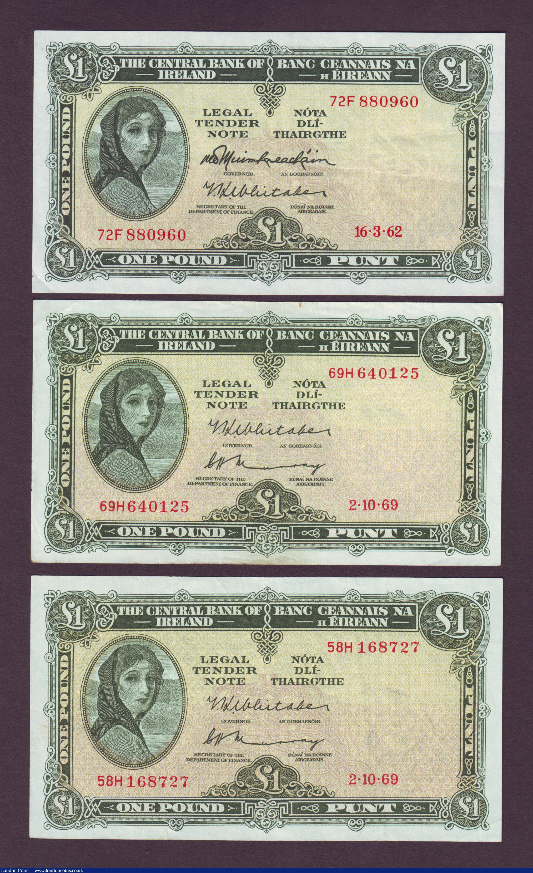 London Coins : A143 : Lot 188 : Ireland Central Bank of Ireland Lady Lavery £1 (6) dated 12-6-57 Pick57d, 16-3-62 (3) Pick64a ...