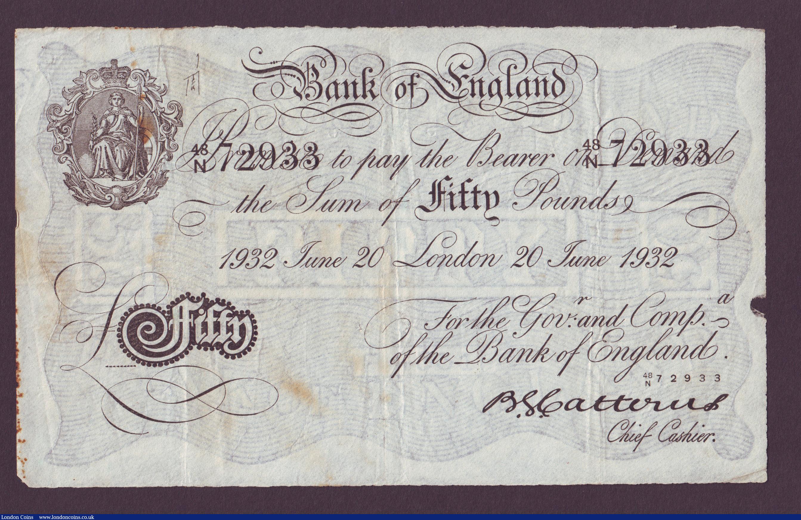 London Coins : A143 : Lot 36 : Fifty pounds Catterns white Operation Bernhard German forgery dated 1932 rust marks gFine & Pepp...