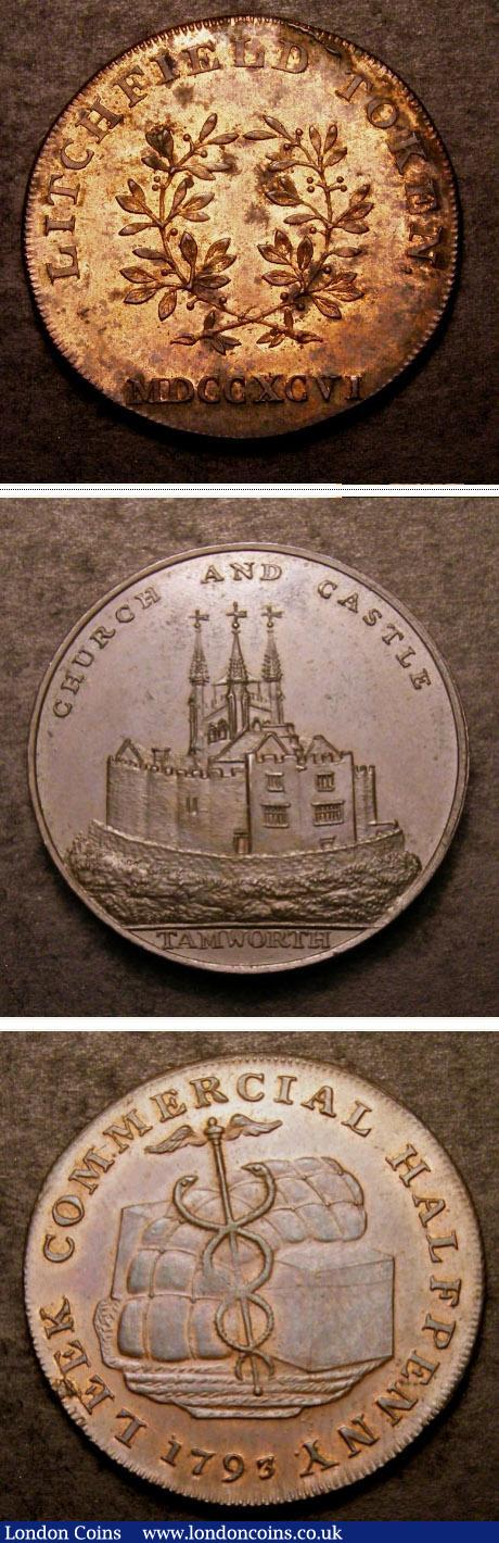 London Coins : A143 : Lot 685 : Halfpennies 18th Century Staffordshire (3) 1793 Leek Commercial Halfpenny DH 13A EF with traces of l...