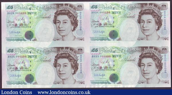 Bank of England limited edition C149, 2000 year prefix Lowther £5 serial YR20 000465, UNC & an uncut sheet of four £5 notes series BH25, BH26, BH33 & BH34 with matching numbers 000298, UNC : English Banknotes : Auction 144 : Lot 151