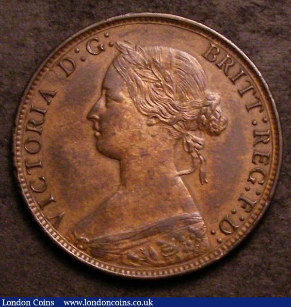 Halfpenny 1865 5 over 3 Freeman 297 dies 7+G, the top of the 5 filled by a doubled underlying 3, GEF with a few light contact marks, of unusual appearance for this type : English Coins : Auction 144 : Lot 1772