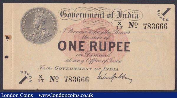 India 1 rupee dated 1917 series X/17 783666 with Gubbay signature, Pick1g, this series commonly used in East Africa, KGV portrait, retains a perforated counterfoil at left, GEF : World Banknotes : Auction 144 : Lot 256