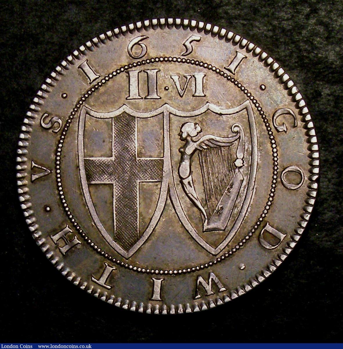 London Coins : A144 : Lot 1137 : Halfcrown 1651 Commonwealth Milled Pattern by Blondeau ESC 444 Edge reading TRVTH : AND : PEACE : 16...