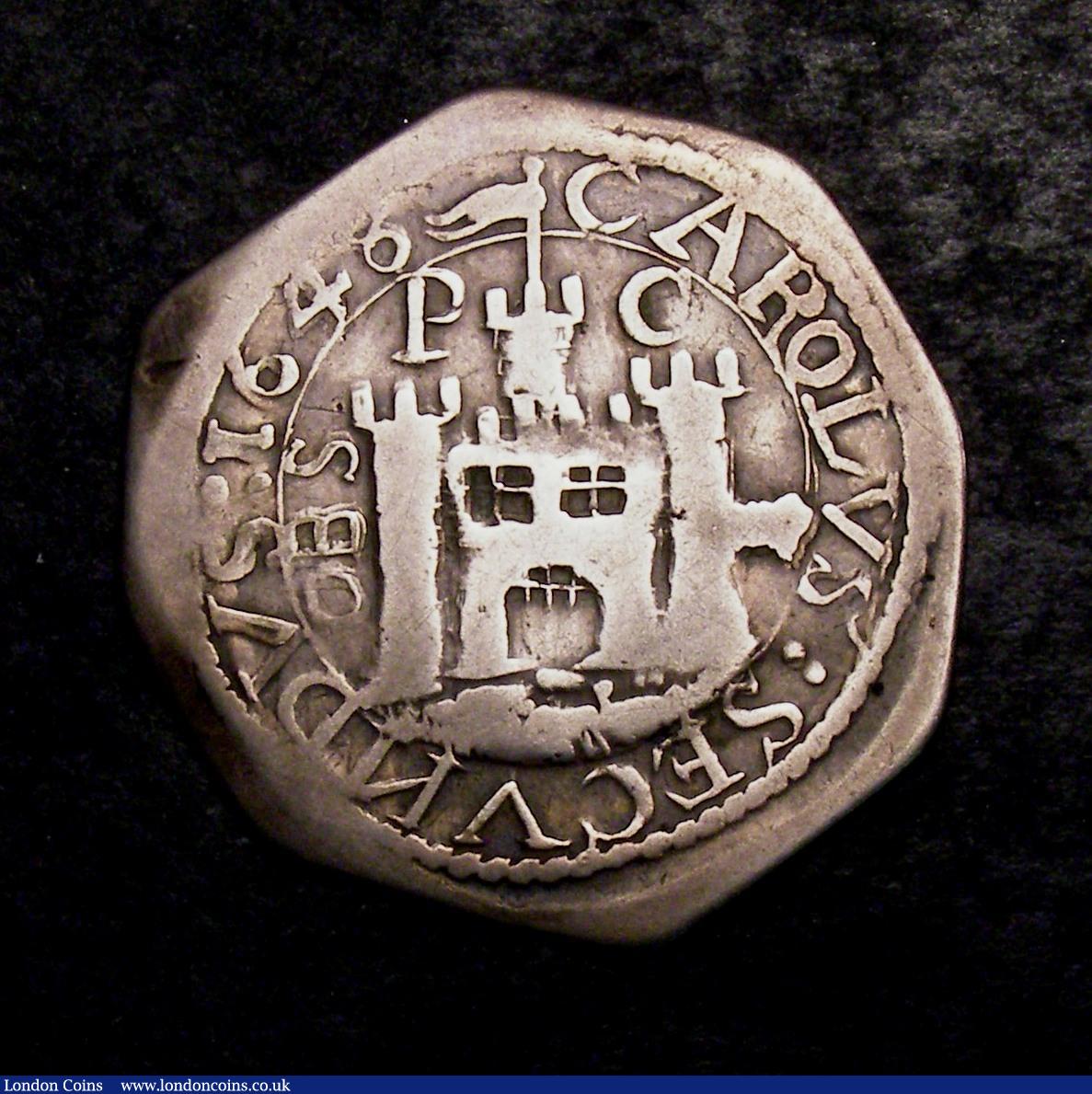 London Coins : A144 : Lot 1227 : Shilling Charles I Siege piece 1648 Pontefract S.3150 (In the name of Charles II) VG/Fine struck on ...