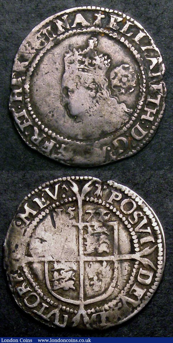 Shilling Elizabeth I Sixth Issue S.2577 mintmark Escallop VG/Near Fine, the bust weak with an old x-shaped scratch, Sixpence Elizabeth I 1572 S.2562 mintmark Ermine About Fine : Hammered Coins : Auction 144 : Lot 1251