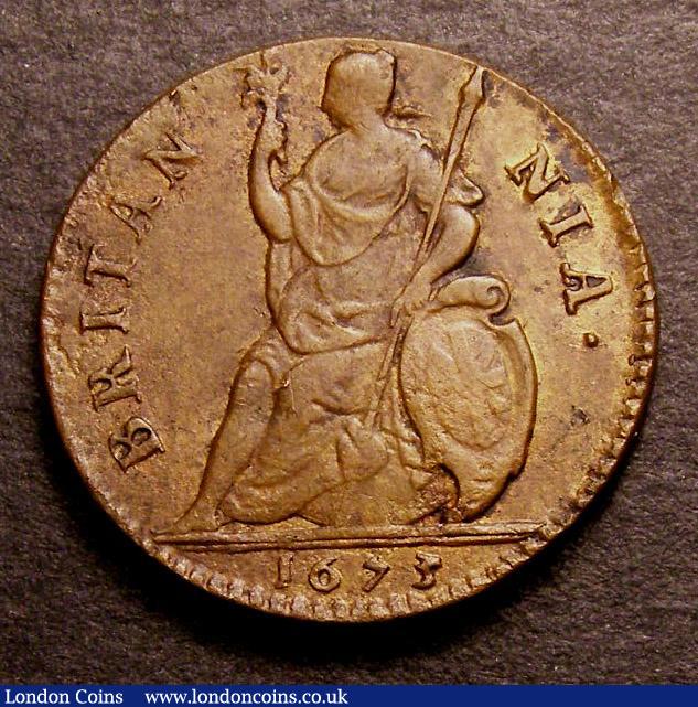 London Coins : A144 : Lot 1454 : Farthing 1673 Peck 522 NEF with a few small tone spots, rare in this grade and superior to the examp...