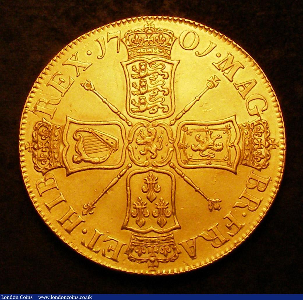 London Coins : A144 : Lot 1493 : Five Guineas 1701 Fine Work S.3456 EF scarce thus, the number 140 is very lightly scratched beneath ...