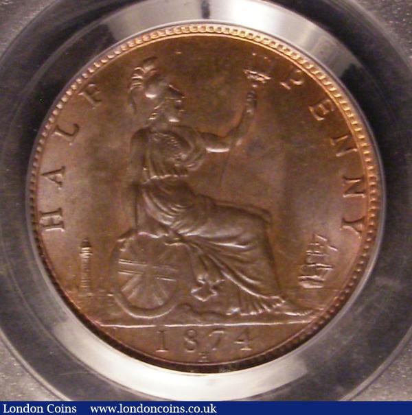 Halfpenny 1874H Freeman Obverse 11 paired with Reverse J, this die pairing known, but unlisted by Freeman, this example with the 1 and the 8 spaced further from each other with the 8 pointing to a rim tooth, the H mintmark situated just to the left of a rim tooth PCGS MS64 BN : Certified Coins : Auction 144 : Lot 2210