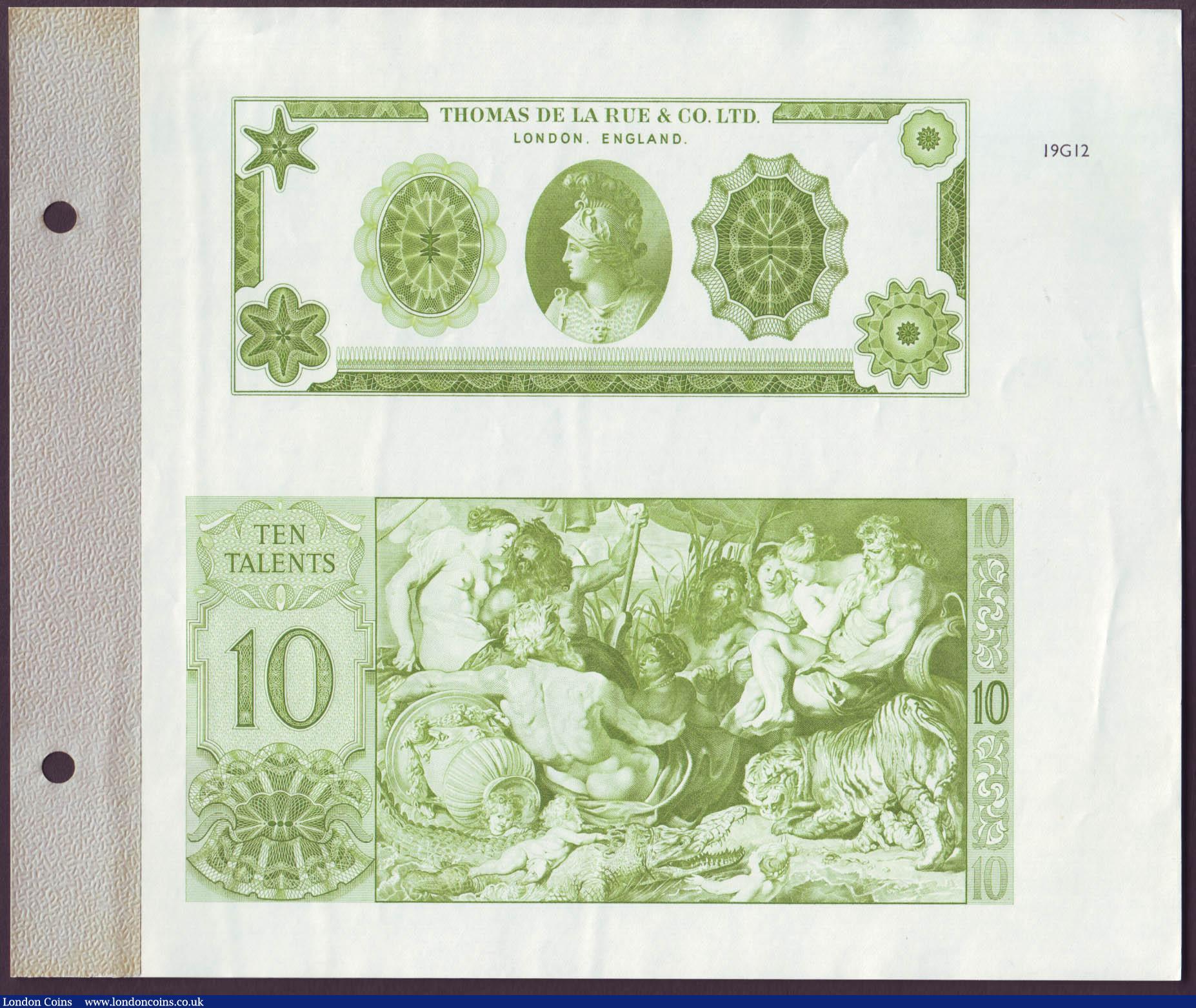 London Coins : A144 : Lot 225 : Thomas De La Rue "Direct Plate Process Colour Specimens", two colour specimens (green) for...