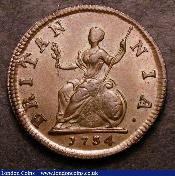 London Coins : A145 : Lot 1458 : Farthing 1734 No Stops on Obverse Peck 862 UNC Toned with some signs of die rust, a very rare variet...