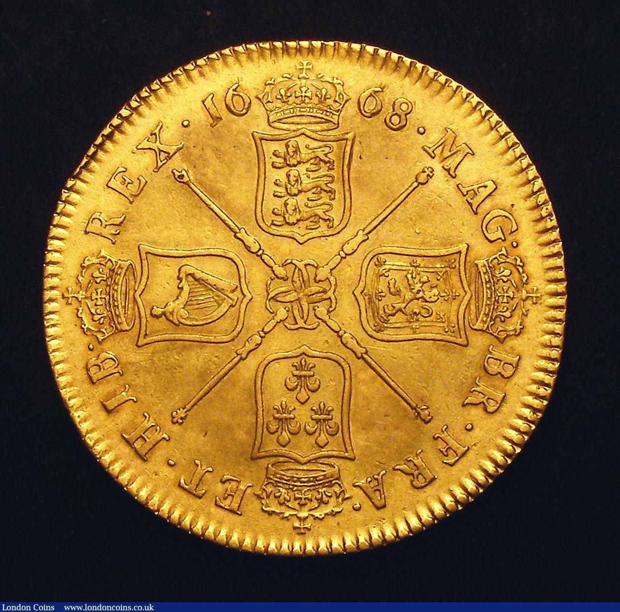 London Coins : A145 : Lot 1496 : Five Guineas 1668 First Bust with Elephant below S.3329 VF a pleasing example for the grade