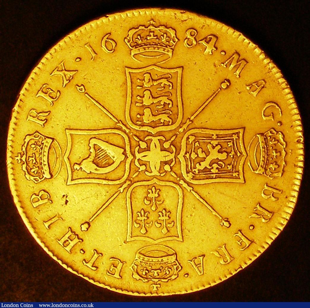 London Coins : A145 : Lot 1498 : Five Guineas 1684 TRICESIMO SEXTO Charles II Second Laureate Bust S3331 approaching VF and without p...