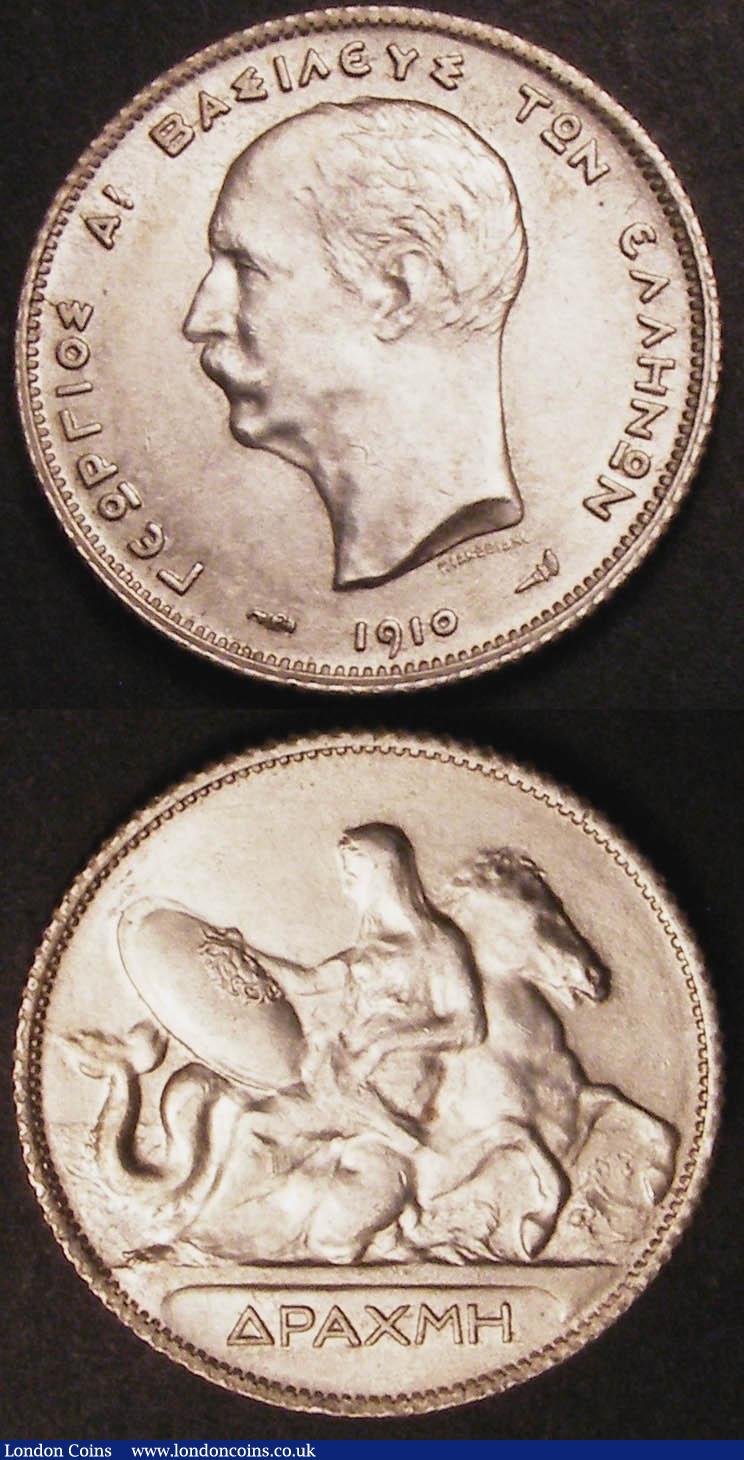 London Coins : A145 : Lot 638 : Greece One Drachma (2) 1910 KM#60 UNC or near so, 1911 M#60 EF and lustrous, the reverse with a plea...