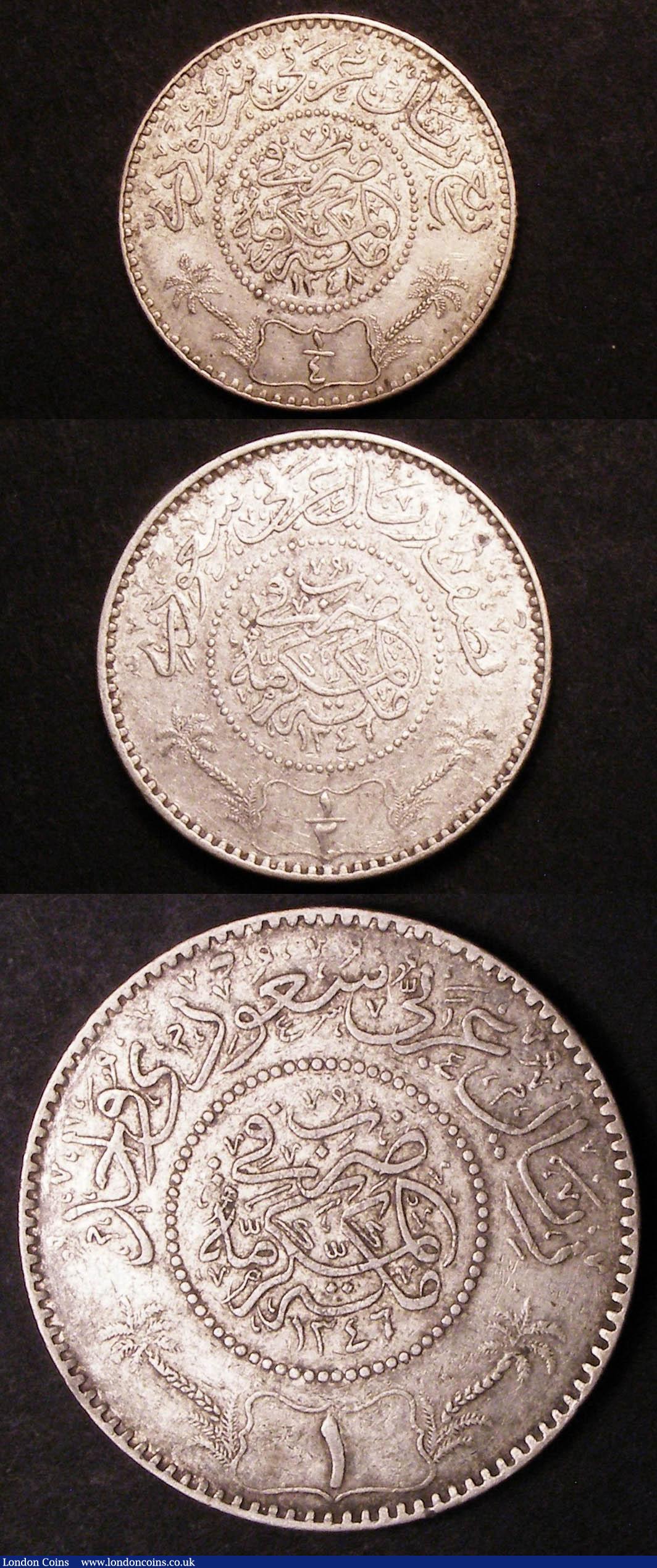 London Coins : A145 : Lot 726 : Saudi Arabia (3) Riyal AH1346 (1928) KM#12 Fine or better, Half Riyal AH1346 (1928) KM#11 GVF with s...