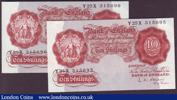 Ten shillings O'Brien B271 (2) a very scarce last run consecutive pair series Y25X 315695 & Y25X 315696, Pick368c, about UNC to UNC : English Banknotes : Auction 146 : Lot 179