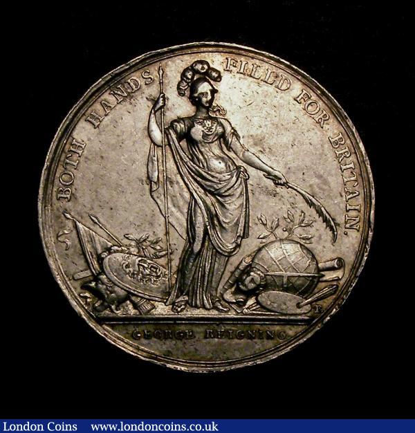 Jernegan's Lottery 1736 39mm diameter in Silver by J.S.Tanner Eimer 537 Obverse: Minerva standing between military trophies and emblems of the Arts and Sciences. BOTH HANDS FILL'D FOR BRITAIN. Exergue: GEORGE REIGNING. Reverse Caroline royally robed, waters a grove of young palm trees. GROWING ARTS ADORN EMPIRE.. Exergue CAROLINE PROTECTING 1736 GVF and scarce thus Note: originally given to purchasers of a Lottery Ticket for a silver cistern made by Henry Jernegan (d.1761) a London goldsmith and banker : Medals : Auction 146 : Lot 1876
