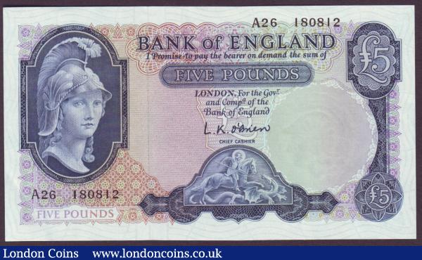 Five pounds O'Brien B277 issued 1957, Helmeted Britannia first series A26 180812, GEF : English Banknotes : Auction 146 : Lot 199