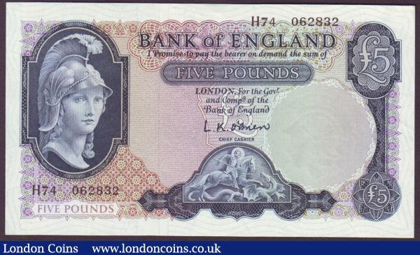 Five Pounds O'Brien B280 Helmeted Britannia at right, Lion & Key reverse issued 1961, first series H74 062832, about UNC : English Banknotes : Auction 146 : Lot 202