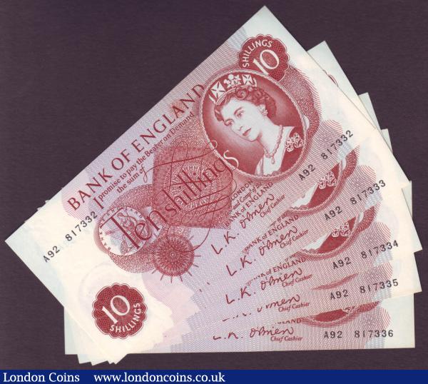 Ten shillings O'Brien B286 (9) issued 1961, QE2 portrait, a consecutively numbered run, first series A92 817332 to A92 817336, about UNC to UNC : English Banknotes : Auction 146 : Lot 209